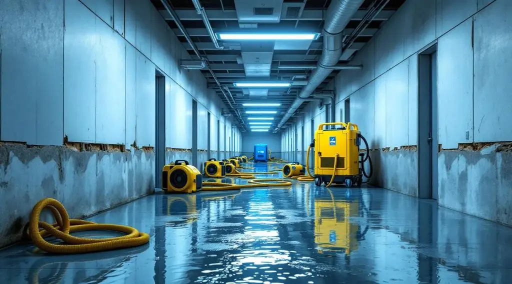 Commercial office building interior with standing water, showing emergency water damage restoration in progress