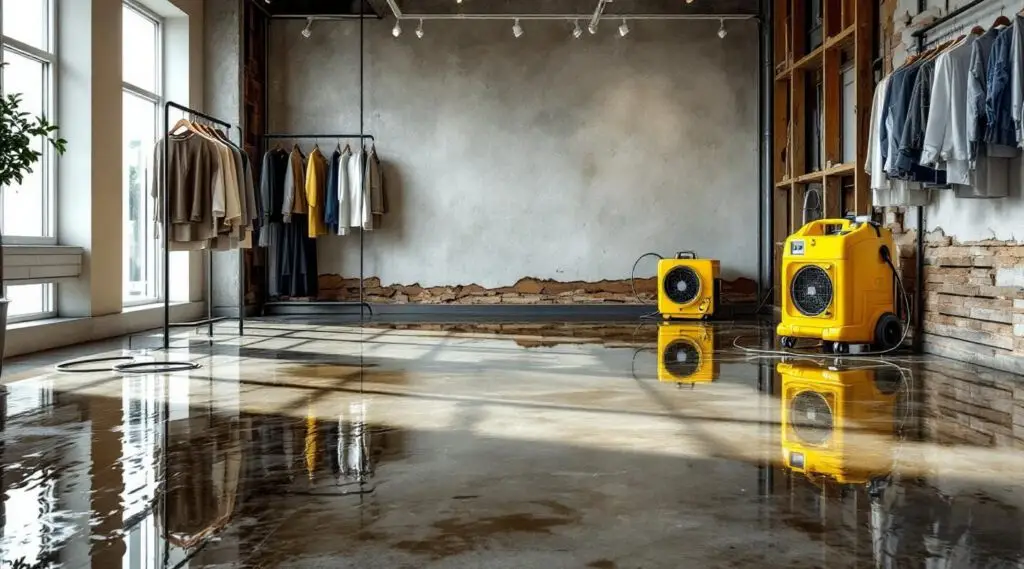 Commercial retail store interior with water damage being assessed by restoration technicians