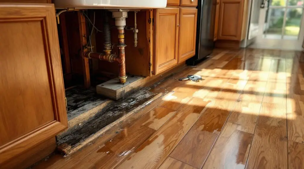 Kitchen floor flooded from a burst pipe, showing immediate water damage