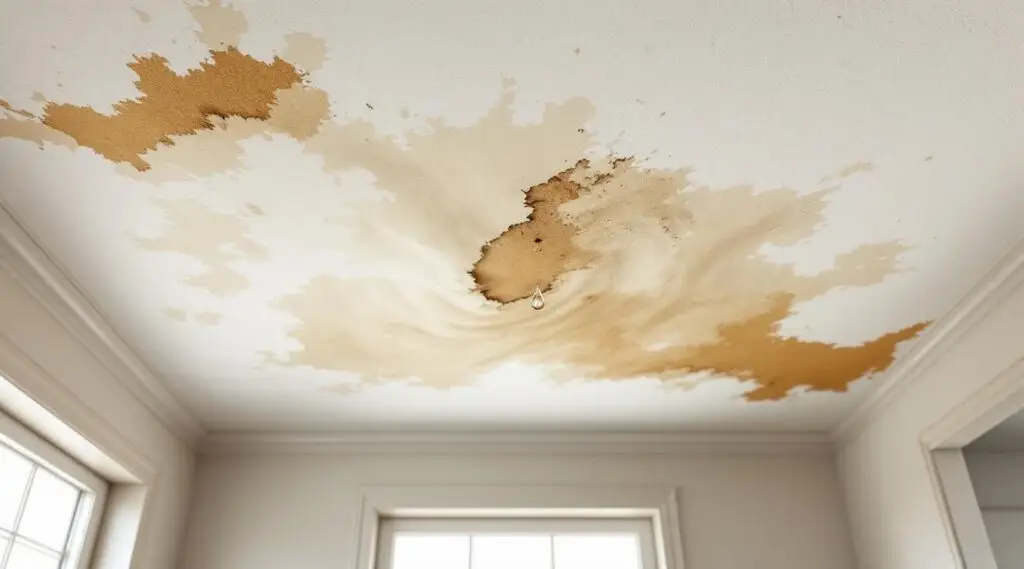 Water-damaged ceiling with visible stains and peeling paint, showing urgent need for repair