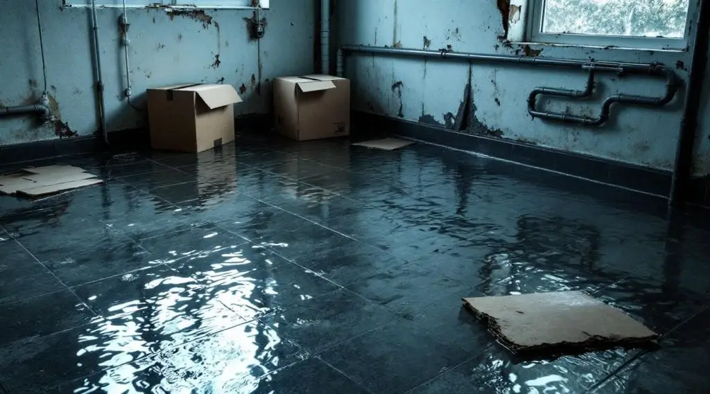 Flooded basement with water extraction equipment and a technician assessing damage