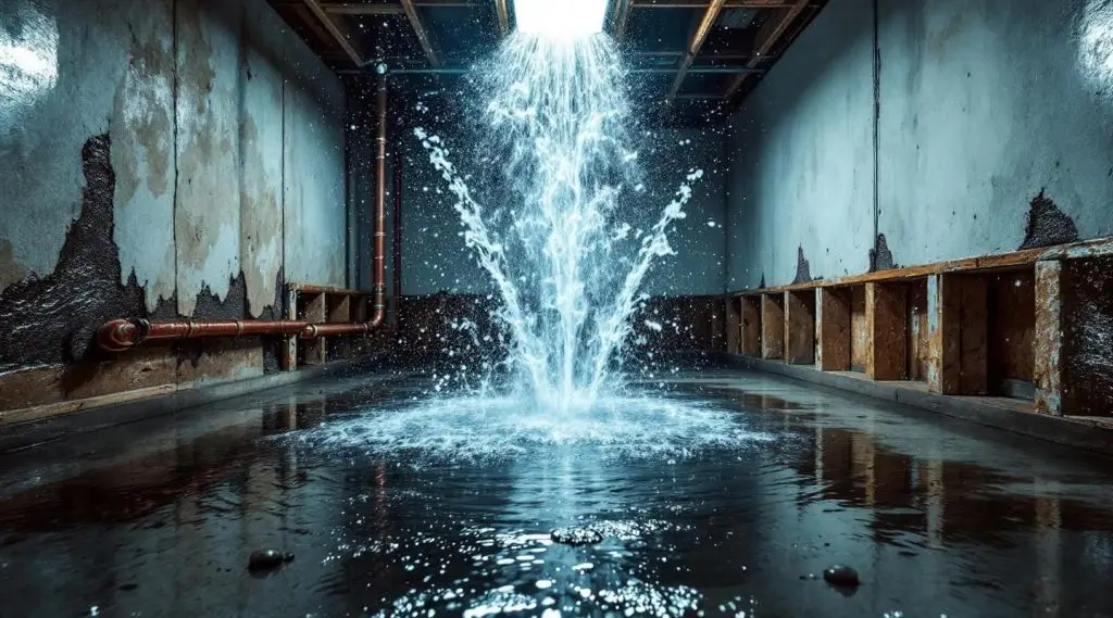 Water gushing from a burst pipe in a home, flooding the floor