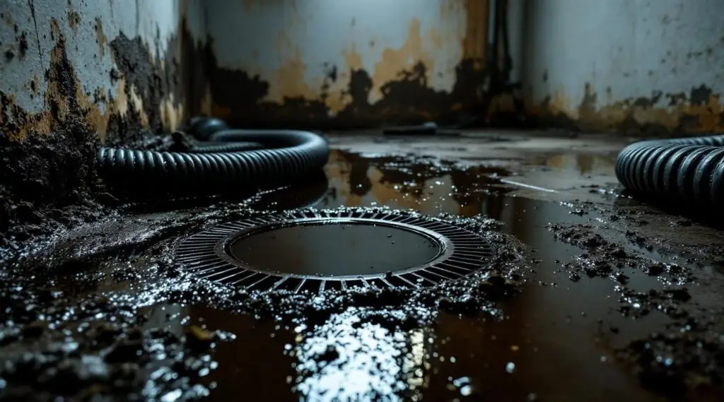 Professional team in hazmat suits cleaning up sewage water in a flooded basement