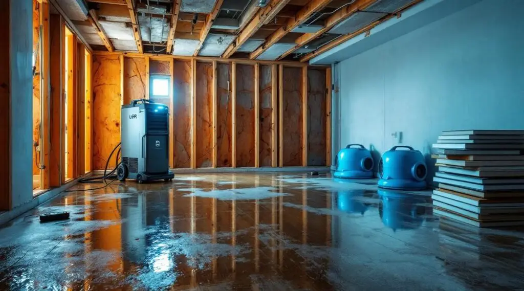 Flooded living room in a modern home with water damage restoration technicians assessing the scene