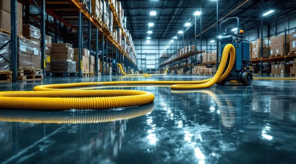 Large warehouse floor with standing water and industrial water extraction equipment