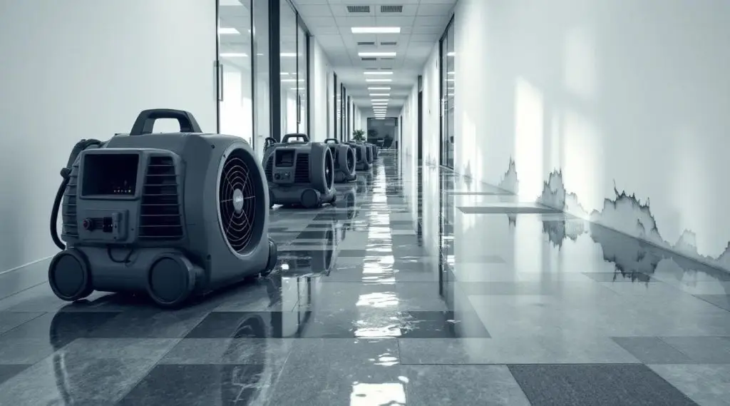 Flooded office hallway with water damage restoration technicians assessing the scene in a commercial building