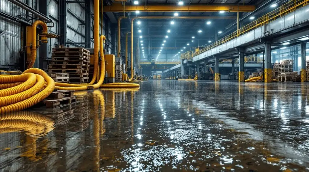 Industrial facility floor covered in floodwater, with restoration technicians in protective gear assessing the damage.