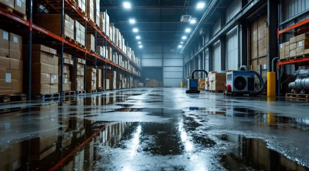 Flooded warehouse floor with pallets and equipment, showing urgent need for water damage cleanup
