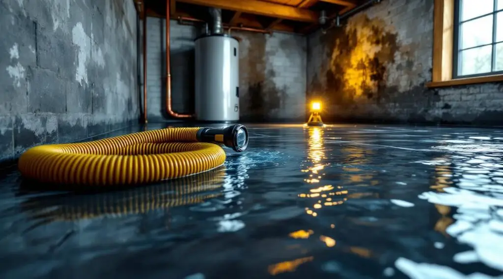 Emergency water extraction in a flooded living room with a technician operating a powerful vacuum