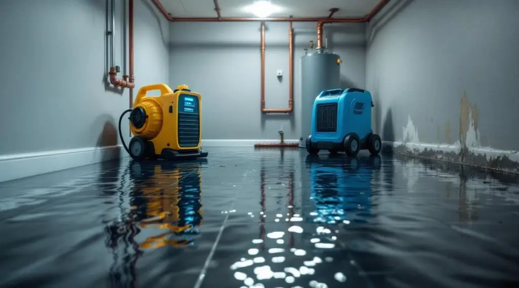 Water damage restoration technicians assessing a flooded living room in Apache Junction