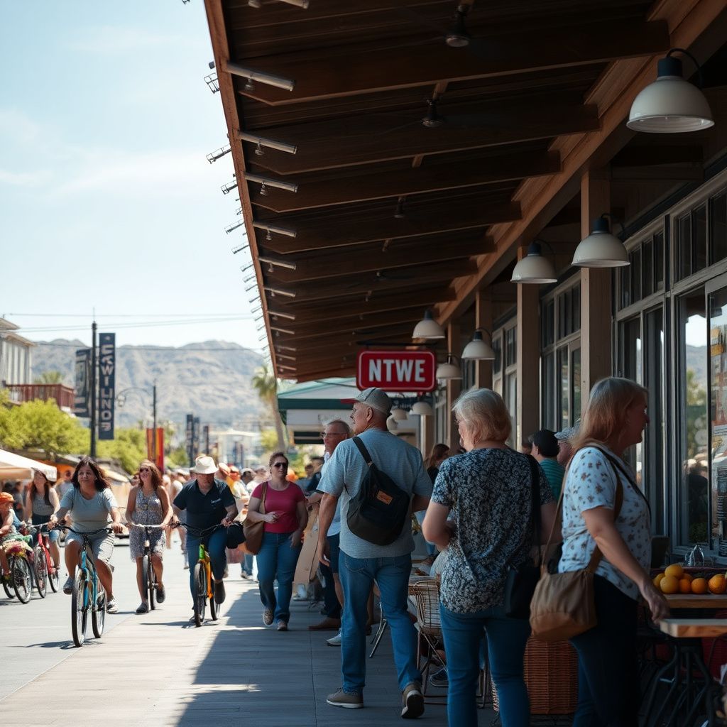 Historic buildings and art galleries in Old Town Scottsdale, Arizona, with a vibrant street scene and desert plants.