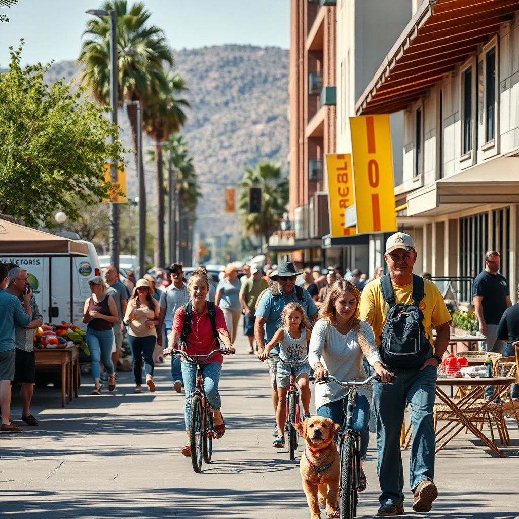 A wide shot of Queen Creek's main street during sunset, showing modern buildings blending with open desert landscapes and distant San Tan Mountains.