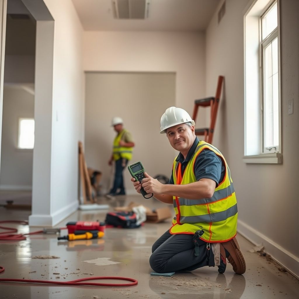Pro Star Restoration technician inspecting a water-damaged wall in a Mesa home with a thermal camera, demonstrating advanced diagnostic tools.