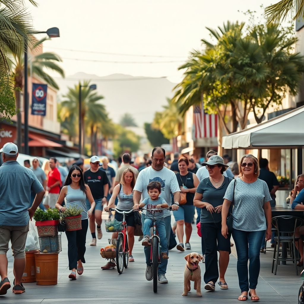Historic buildings and modern storefronts along a palm-lined street in Downtown Chandler, Arizona, under a clear blue sky.
