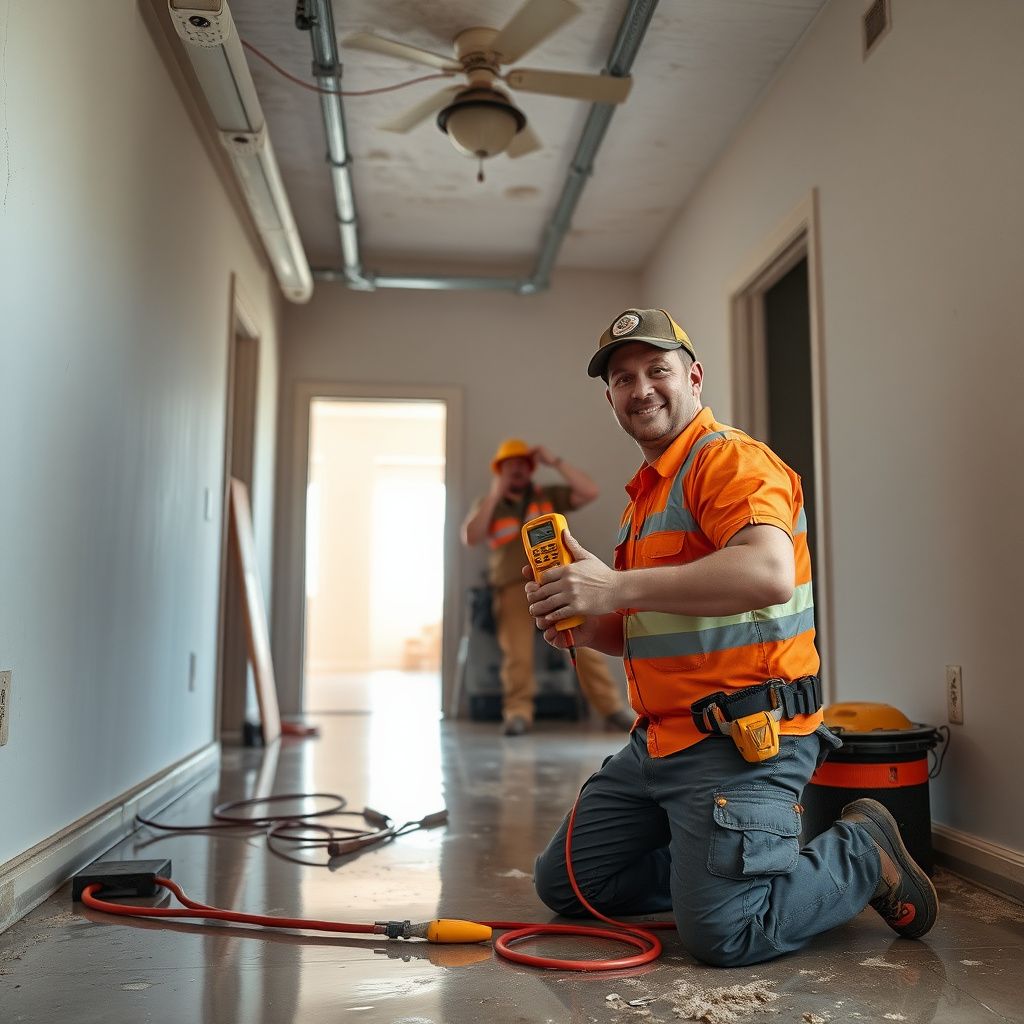 Pro Star Restoration technician inspecting a restored wall in an Apache Junction home after water damage cleanup.